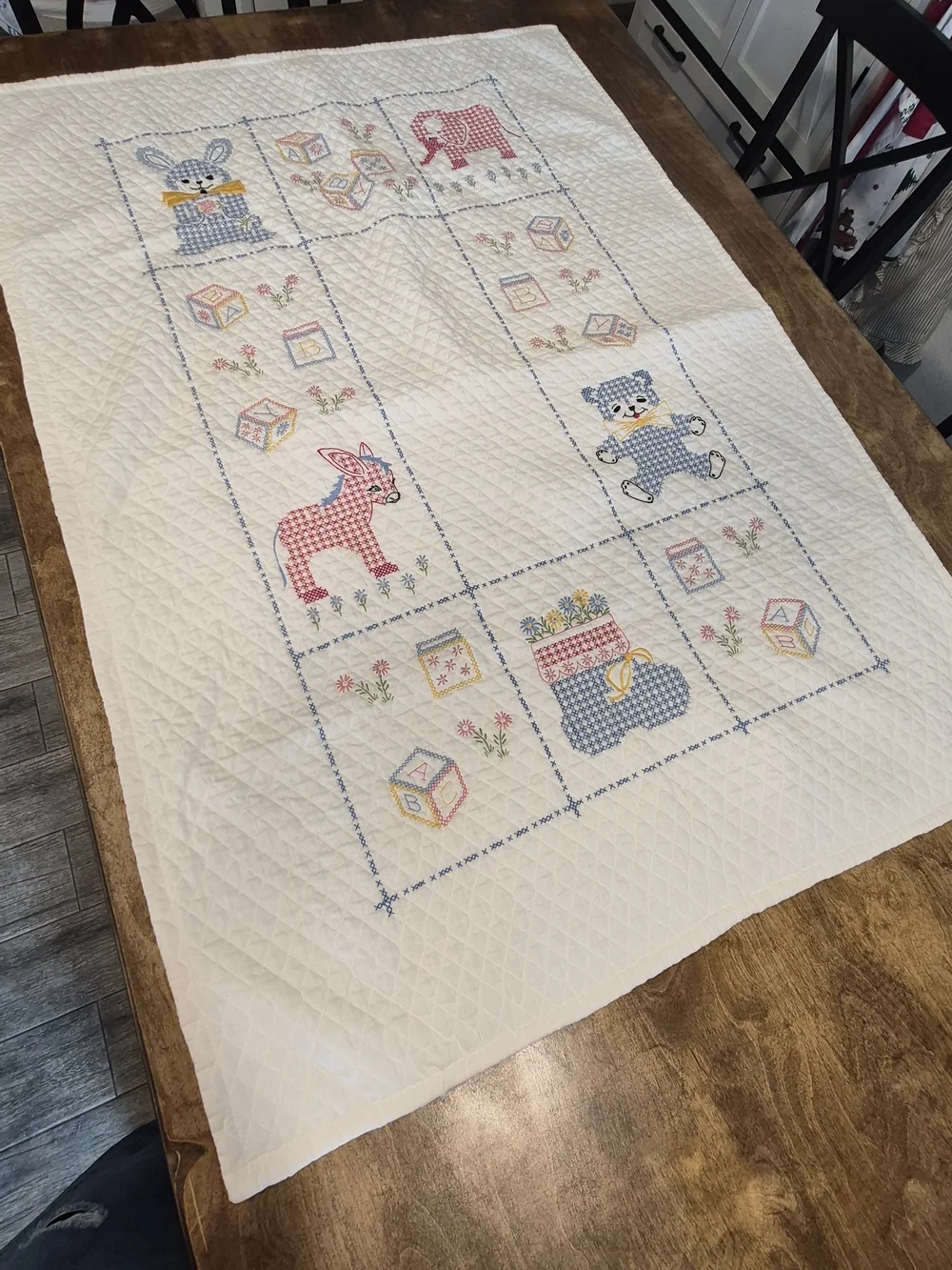 Vintage Handmade Crosstitch Baby Quilt- White with Blue and Pink Animal Motifs